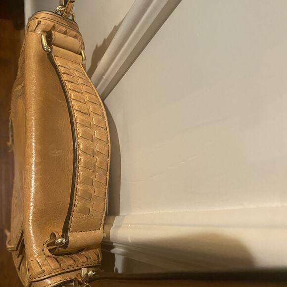 REBECCA MINKOFF Whipstitch Leather Saddle Crossbody Shoulder Bag Flap Brown Tan - Picture 3 of 16